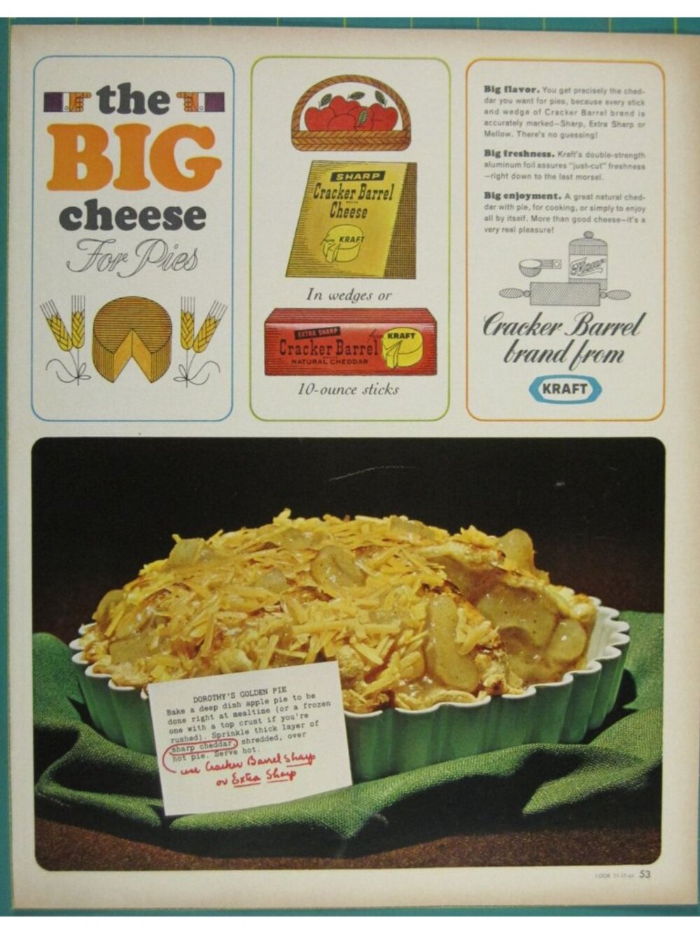Print Ad The Big Cheese Cracker Barrel Cheddar For Pies Kraft Look Magazine 1960